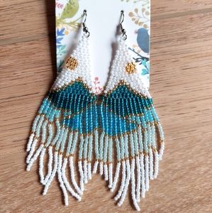 Mountain Beaded Blue and Gold Long Earrings